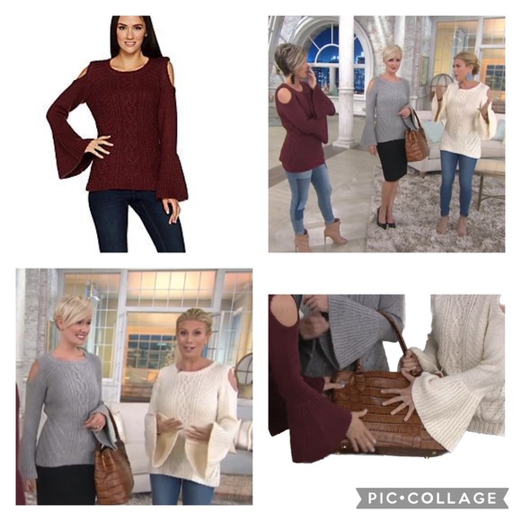 G.I.L.I Cable Knit Cold Shoulder Sweater With Bell Sleeves In Vanilla Cream - Picture 4 of 16